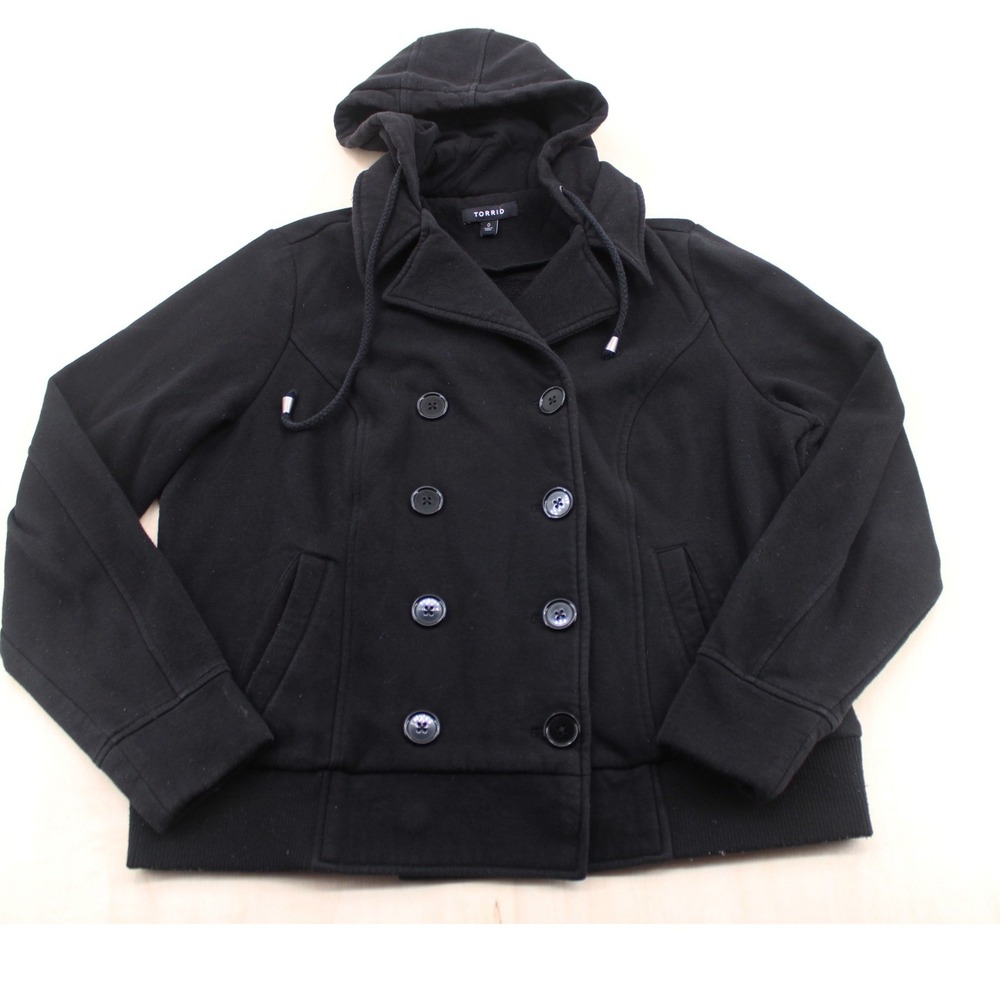Womens Torrid Black Fleece Hooded Pea Coat 12 Double Breasted Sweatshirt Jacket